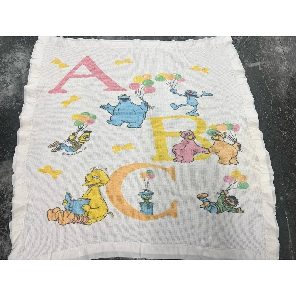 Vtg Sesame Street Baby Blanket Thermal Waffle Satin Trim Muppets Big Bird ABCs